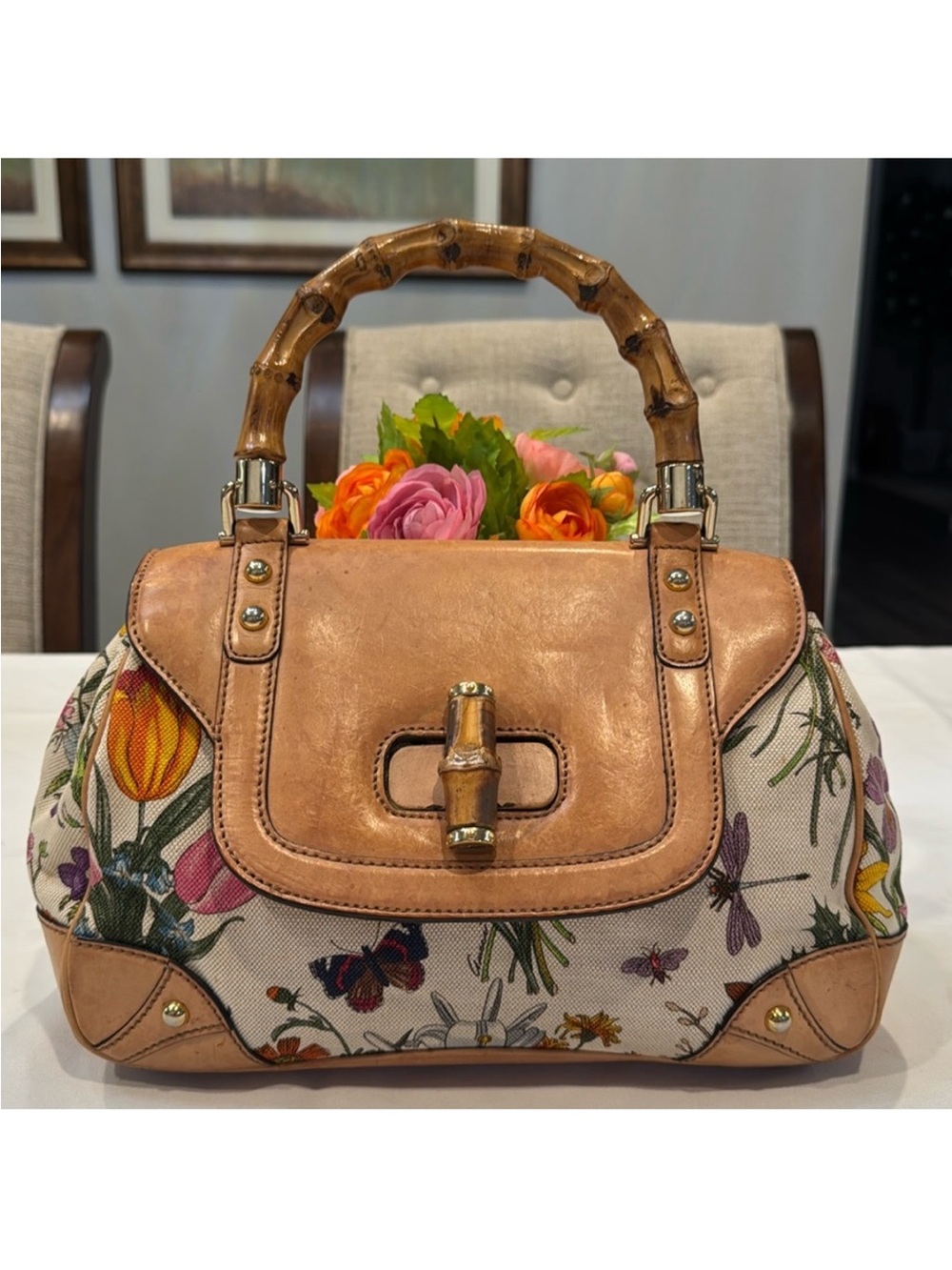 Authentic Gucci Flora Bamboo Top-Handle bag
